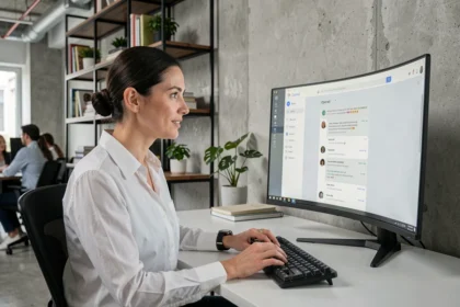 Femme professionnelle utilisant l'intelligence artificielle OpenAI sur un ordinateur dans un bureau moderne