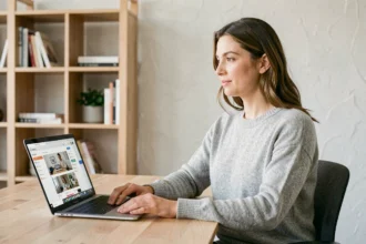 Femme travaillant sur un bureau virtuel depuis son domicile avec un laptop affichant une interface cloud