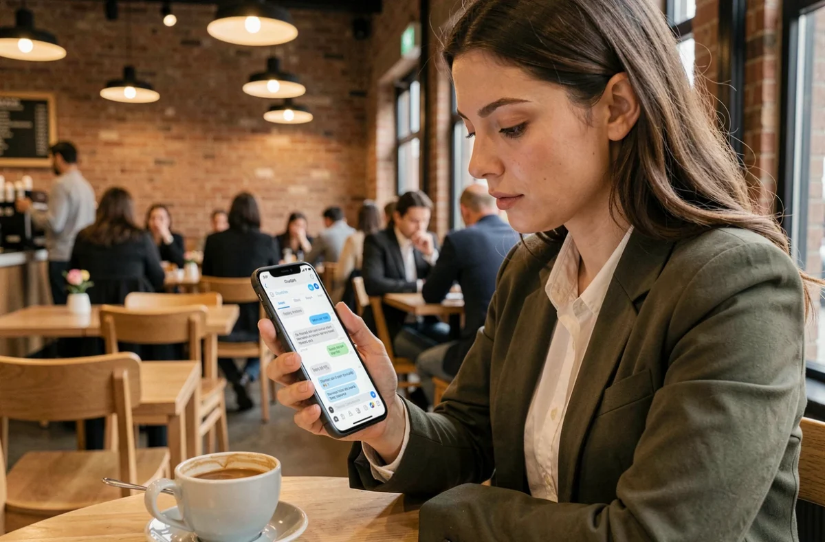 Femme dans un café consultant ChatGPT sur son smartphone avec une expression dubitative, questionnant l'utilité de l'IA