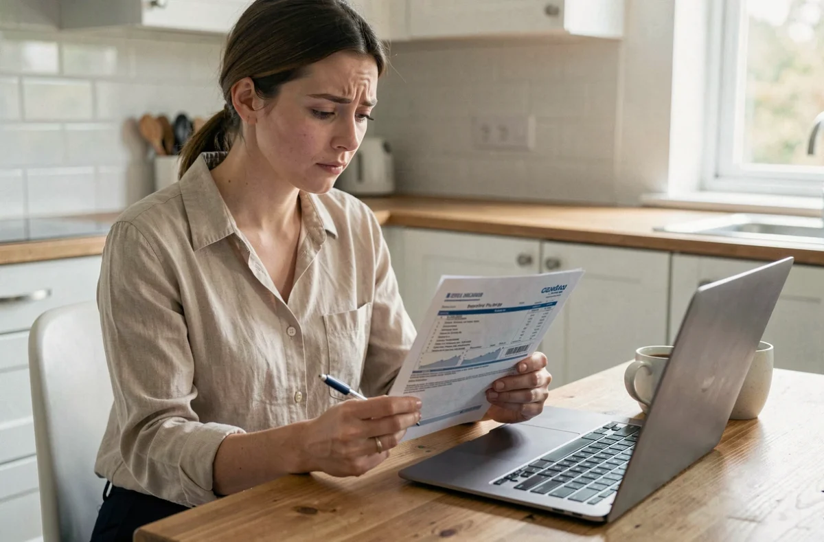 Femme calculant le coût de 1000 watts sur sa facture d'électricité à la maison