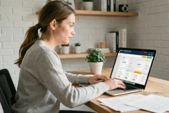 Femme consultant les tarifs et plans tarifaires Shopify sur un ordinateur portable dans un bureau à domicile moderne