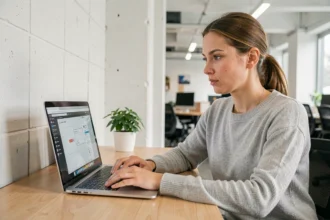 Femme développeuse web travaillant sur la création d'un site internet avec un éditeur en ligne sur son ordinateur portable dans un espace de coworking moderne
