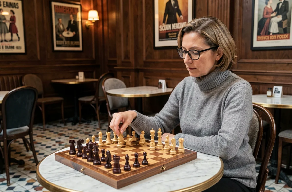 Femme jouant aux échecs dans un café parisien, réfléchissant à son prochain coup