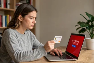 Femme frustrée tenant une carte bancaire devant un message d'erreur d'authentification 3DS sur un ordinateur portable