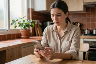 Femme scrutant son téléphone sur Instagram dans une cuisine moderne, illustrant la question de la surveillance numérique