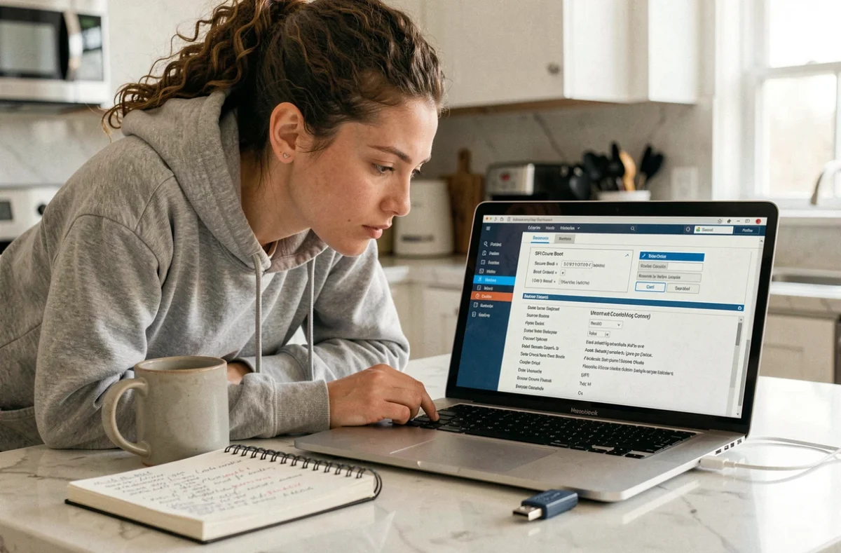 Femme consultant le menu de démarrage UEFI sur un ordinateur portable posé sur un comptoir de cuisine