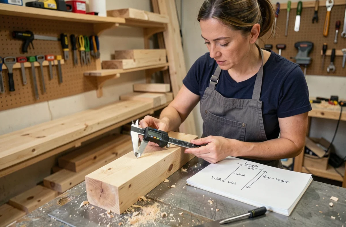 Femme mesurant les trois dimensions d'un bloc de bois avec un pied à coulisse numérique dans un atelier de menuiserie