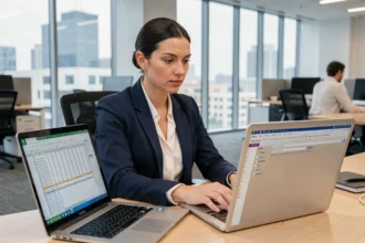 Femme professionnelle comparant Excel et Access sur deux écrans d'ordinateur dans un bureau moderne