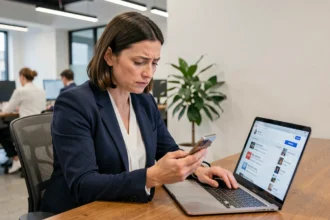 Femme professionnelle analysant sa réputation en ligne sur smartphone dans un bureau moderne