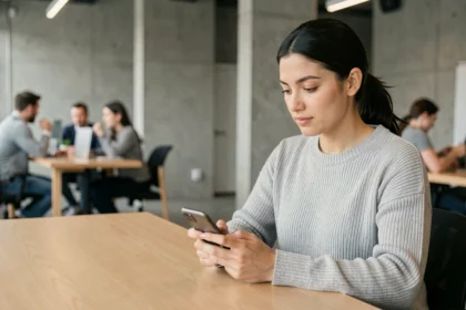 Femme professionnelle utilisant Wire sur smartphone pour une communication sécurisée au bureau