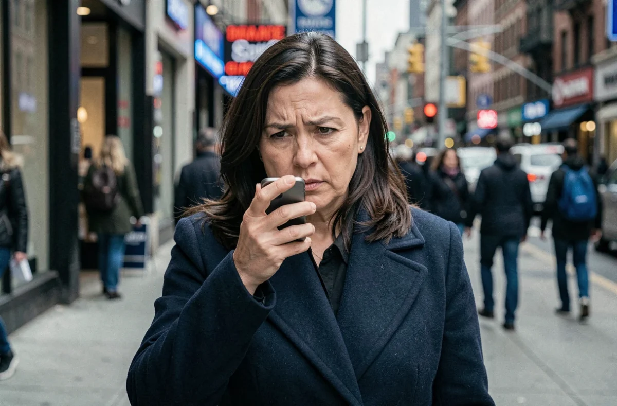 Femme en ville consultant son smartphone avec une interface Google visible, évoquant la collecte de données personnelles