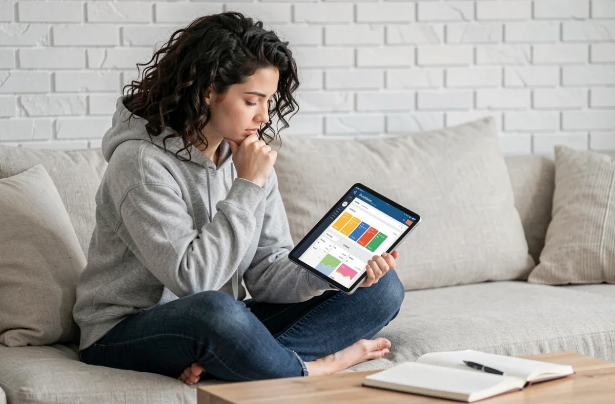 Jeune femme consultant un logiciel de gestion de projet sur une tablette dans un salon moderne