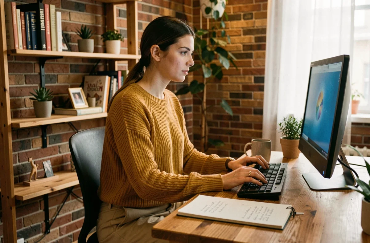 Jeune femme travaillant sur sa stratégie de génération de leads depuis un bureau à domicile chaleureux