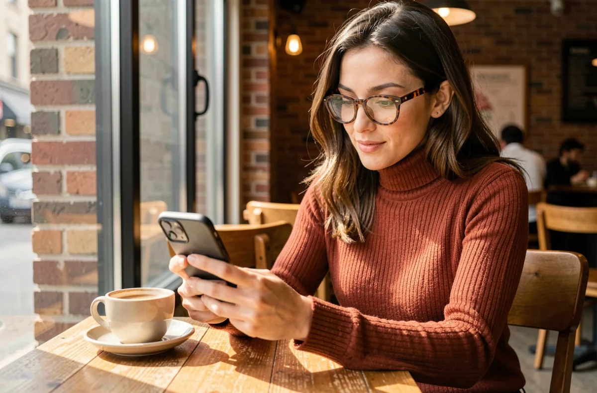 Jeune femme parcourant TikTok dans un café pour trouver le meilleur moment pour publier ses vidéos