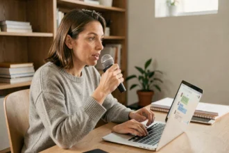 Femme dictant un message audio dans un microphone USB connecté à un ordinateur portable affichant une interface de transcription ChatGPT