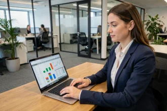 Femme professionnelle utilisant un logiciel tableur sur ordinateur portable dans un bureau moderne, illustrant les outils bureautiques