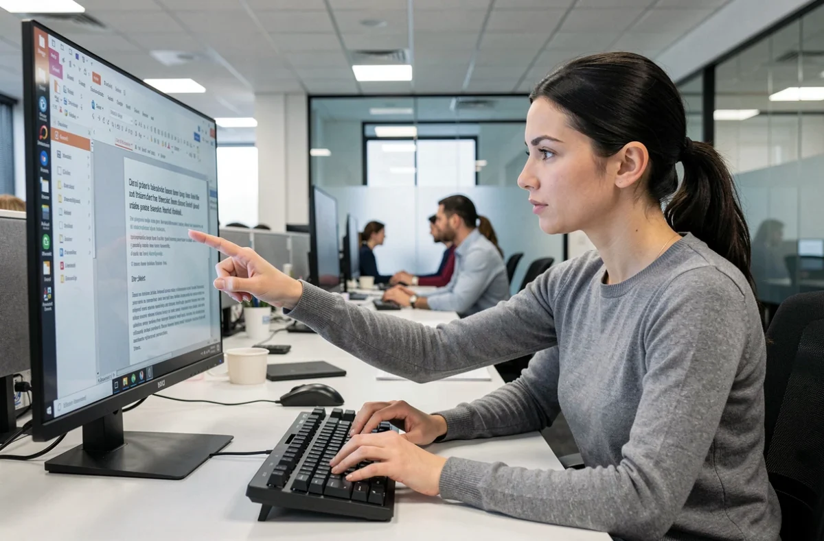 Femme au bureau montrant un fichier PDF bloqué sur un écran d'ordinateur en entreprise