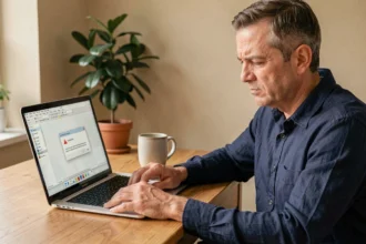 Homme frustré devant un message d'erreur PDF sur son ordinateur portable dans un bureau à domicile