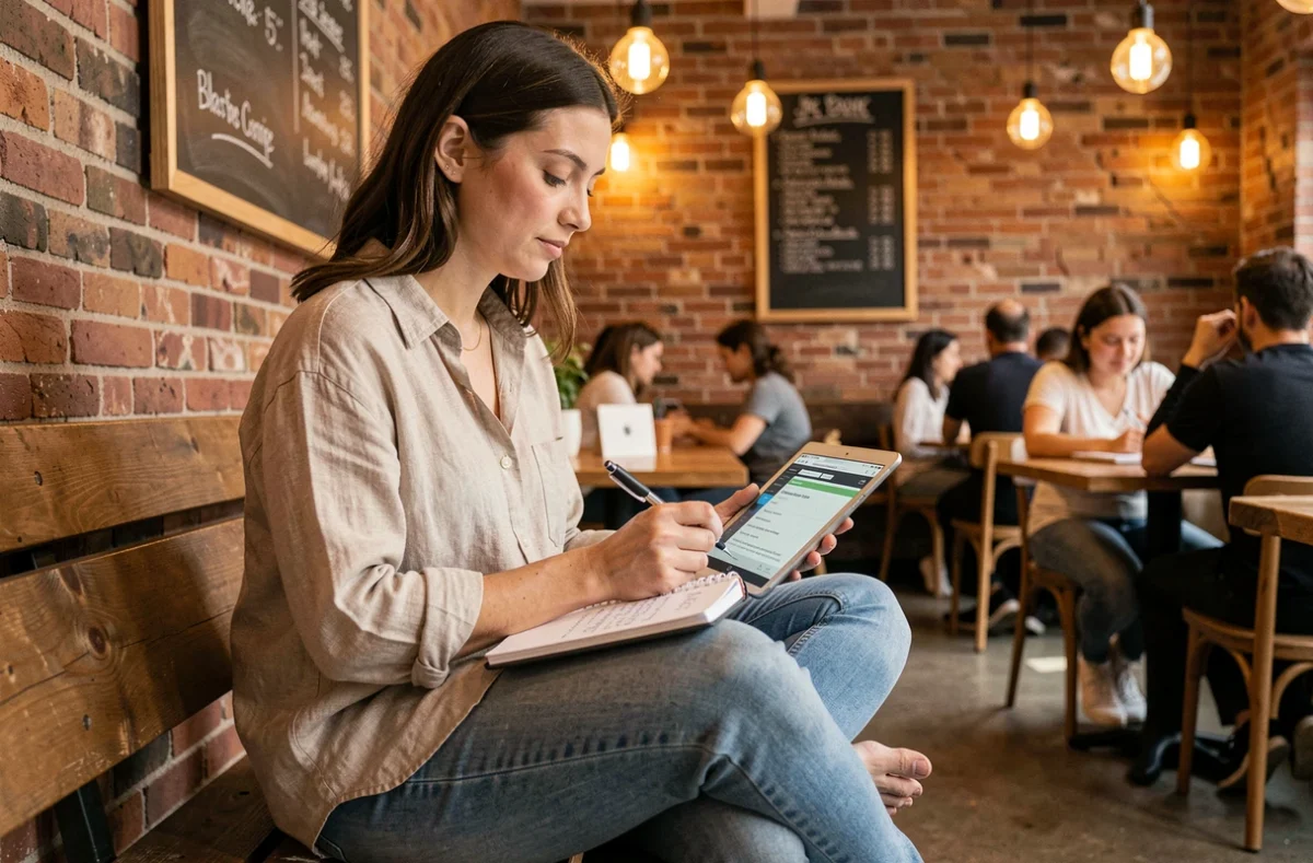 Freelance SEO travaillant sur un audit de référencement dans un café coworking chaleureux