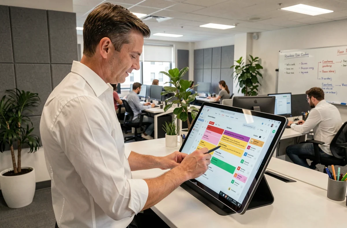Manager organisant et classant les emails professionnels dans un espace de bureau en open space avec tablette tactile