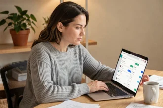 Femme utilisant un gestionnaire de mots de passe sur son ordinateur portable dans un bureau à domicile moderne