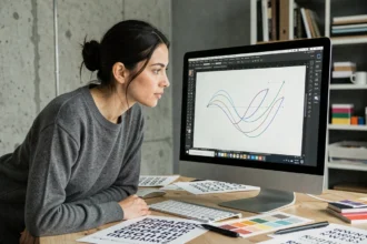 Graphiste analysant des courbes vectorielles d'une typographie sur un écran d'ordinateur dans un studio de design moderne