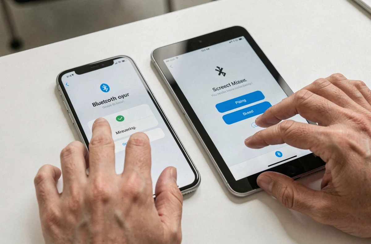 Gros plan sur deux mains reliant un téléphone et une tablette via une interface de connexion