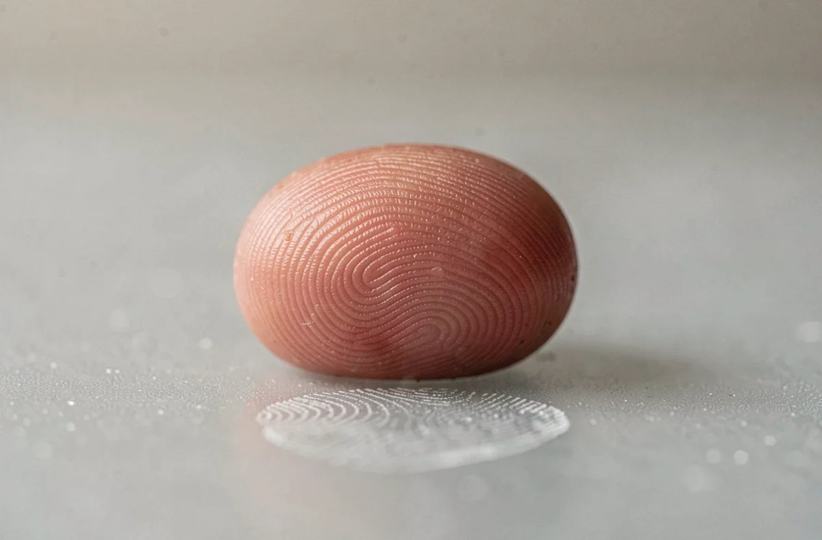 Gros plan macro sur les crêtes d'une empreinte digitale humaine laissée sur une surface en verre dépoli dans un contexte scientifique