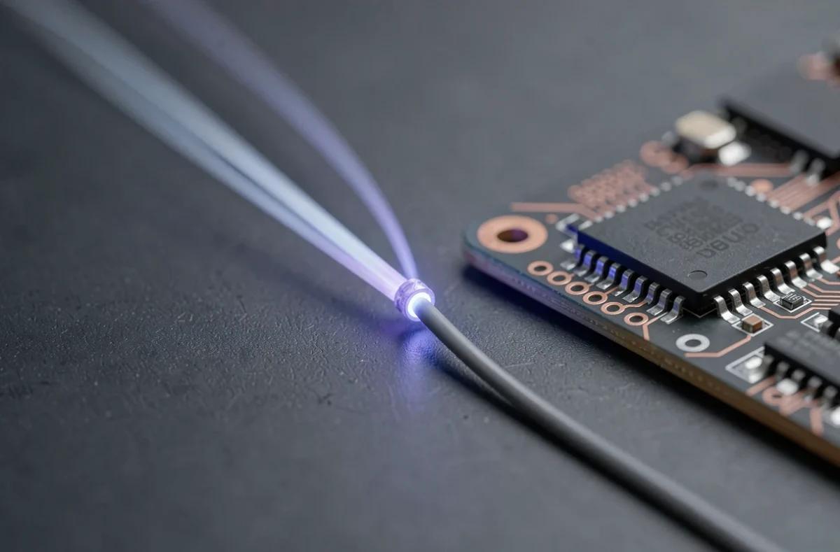 Gros plan sur un câble à fibre optique quantique et un circuit imprimé à puce quantique sur fond sombre