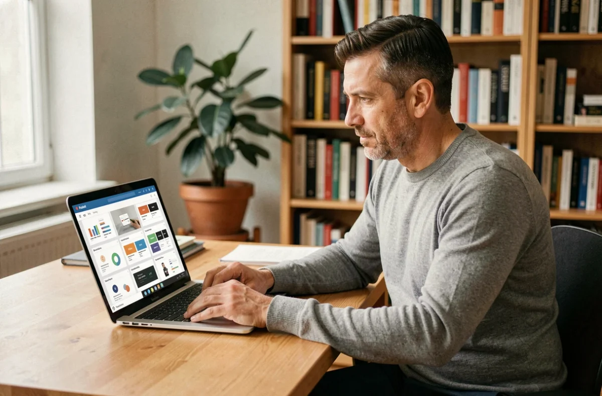 Homme utilisant une application de présentation sur ordinateur portable dans un bureau à domicile