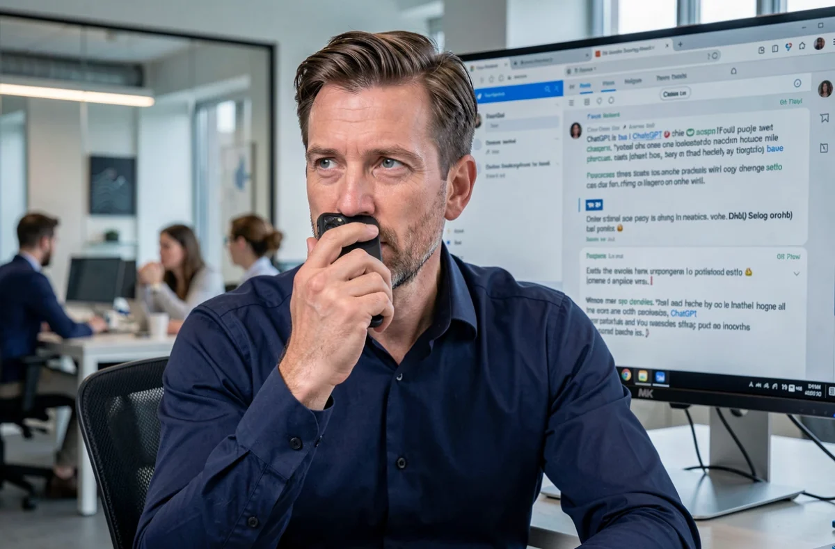 Homme en bureau open space enregistrant un audio sur smartphone pour le transcrire avec ChatGPT affiché sur grand écran