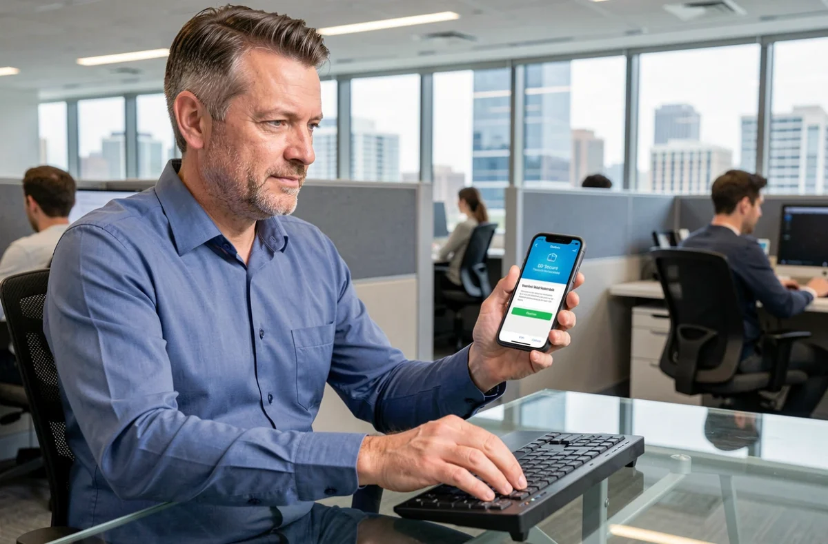 Homme d'affaires consultant son smartphone face à une erreur de validation 3DS dans un bureau professionnel