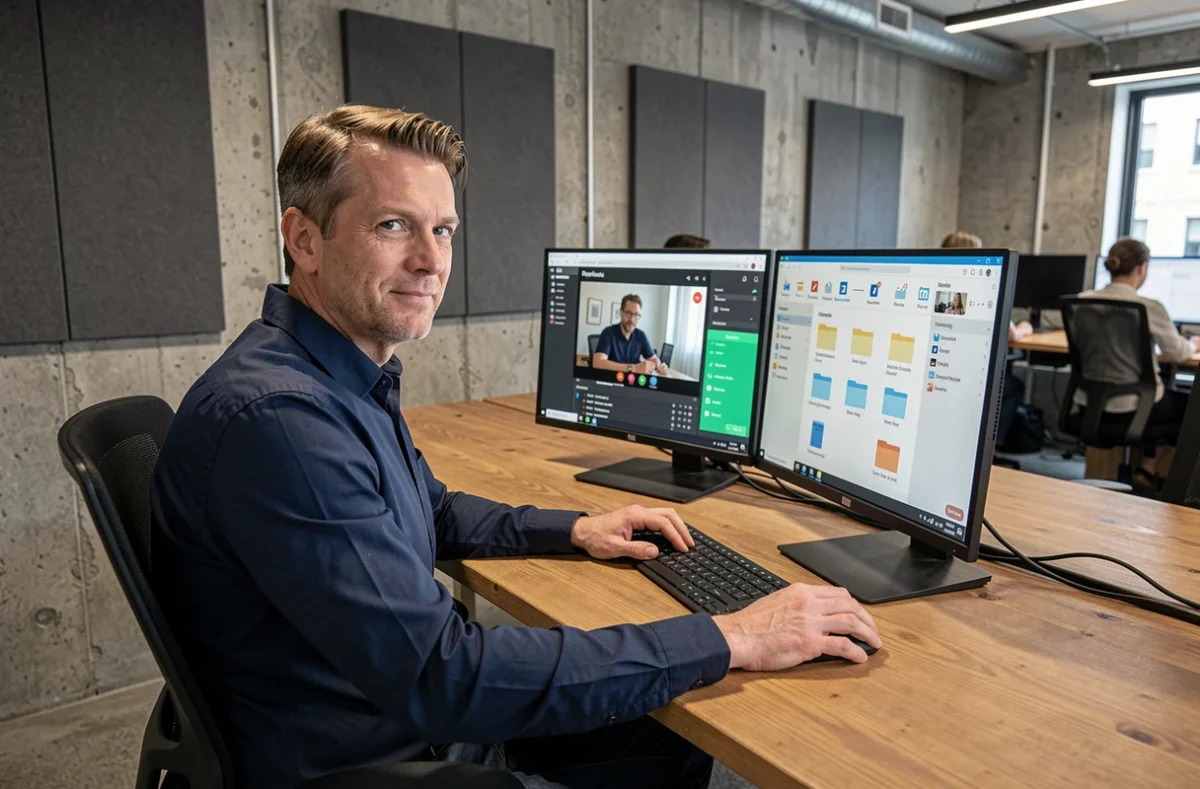 Homme utilisant un bureau virtuel sur double écran dans un espace de co-working moderne