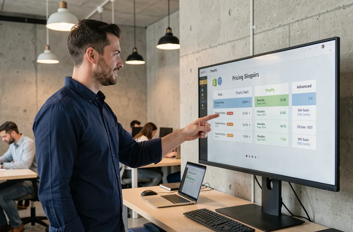 Homme analysant la comparaison des plans tarifaires Shopify sur un grand écran dans un espace de coworking