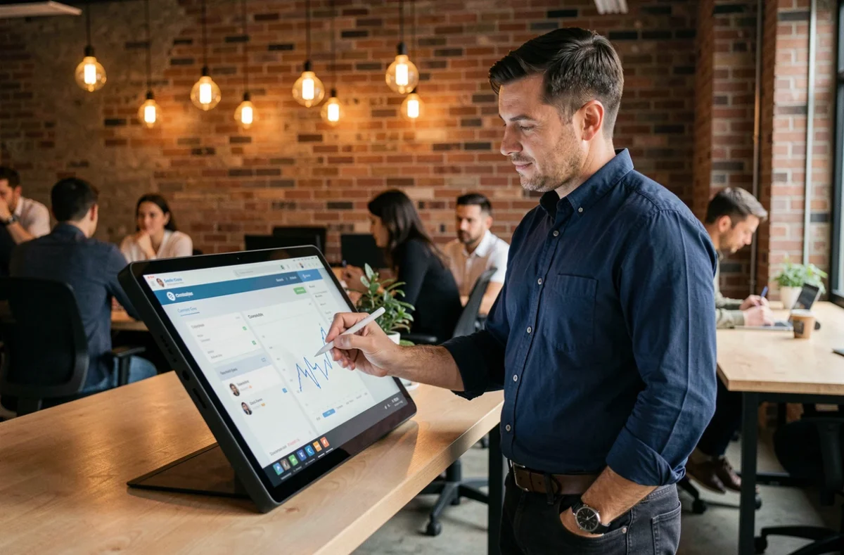 Homme utilisant une tablette tactile avec interface CRM pour gérer des leads numériques dans un espace de coworking