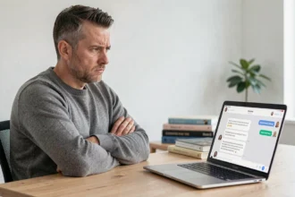 Homme frustré devant un écran d'interface de chat IA dans un bureau moderne, illustrant les limites de ChatGPT