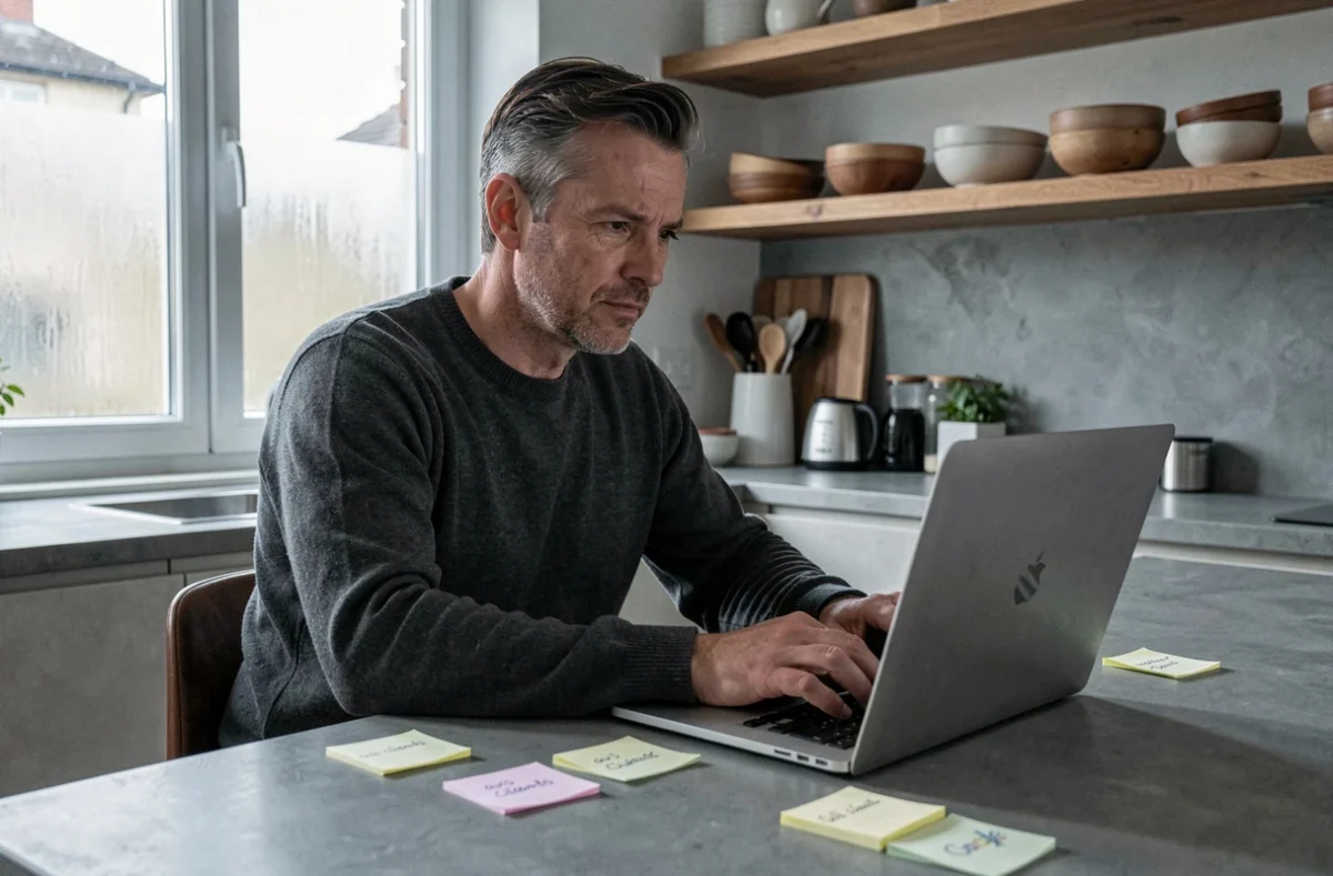 Homme gérant sa réputation numérique depuis son domicile avec un ordinateur portable et des notes manuscrites