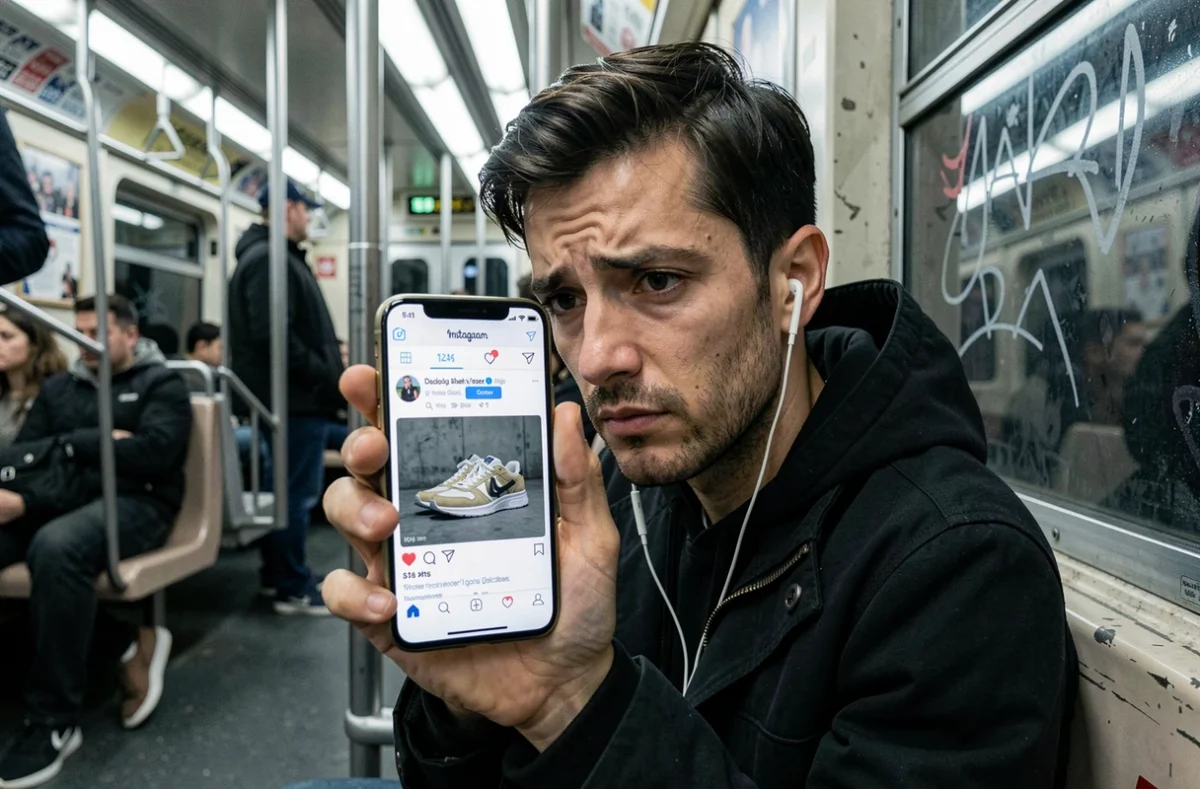 Homme dans le métro surpris par des publicités ciblées sur Instagram, questionnant la collecte de données personnelles