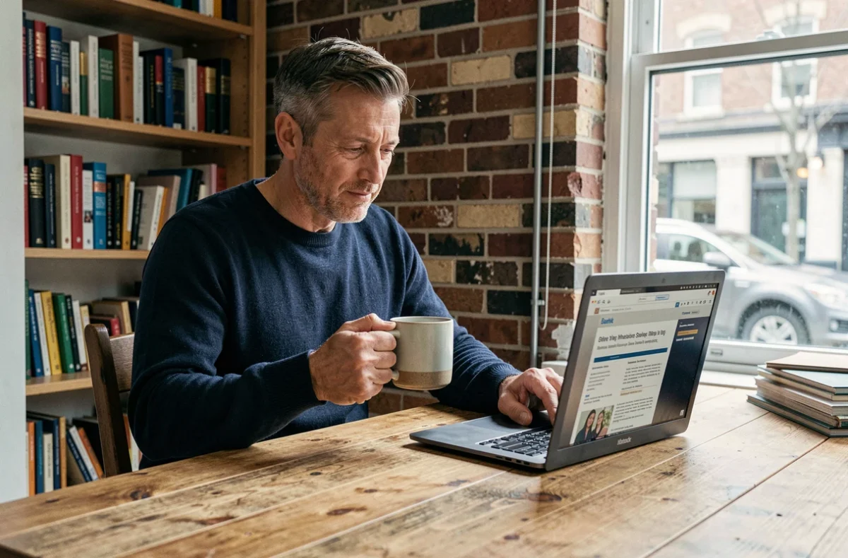 Homme consultant une newsletter par email sur un ordinateur portable dans un espace de travail à domicile