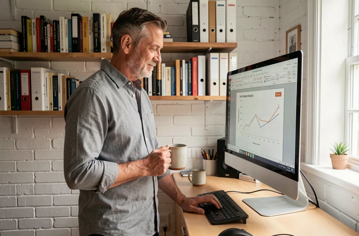 Homme travaillant sur une présentation PowerPoint dans un bureau à domicile, entouré d'outils bureautiques numériques