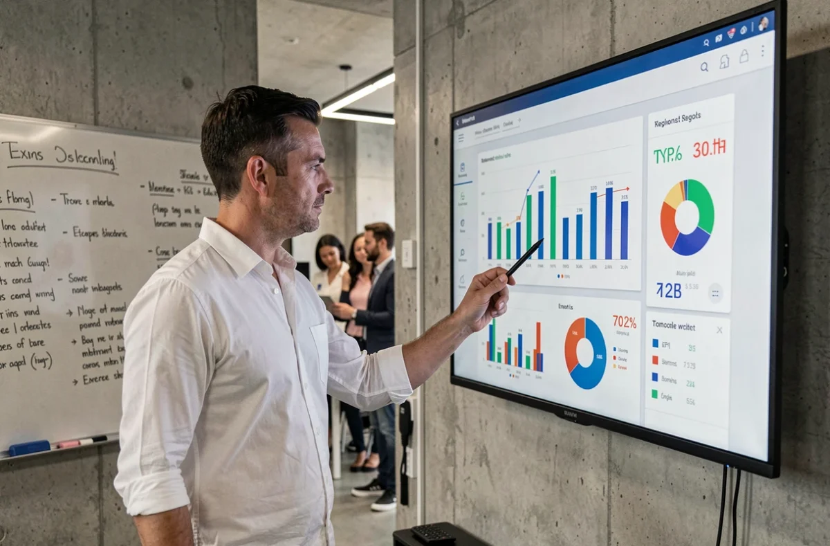 Homme présentant un tableau de bord de données sur grand écran dans un espace de travail moderne