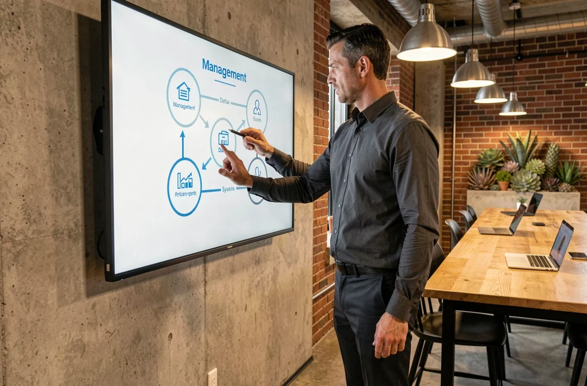 Homme debout devant un écran tactile présentant un schéma des quatre types de systèmes de gestion de données dans un espace de travail technologique