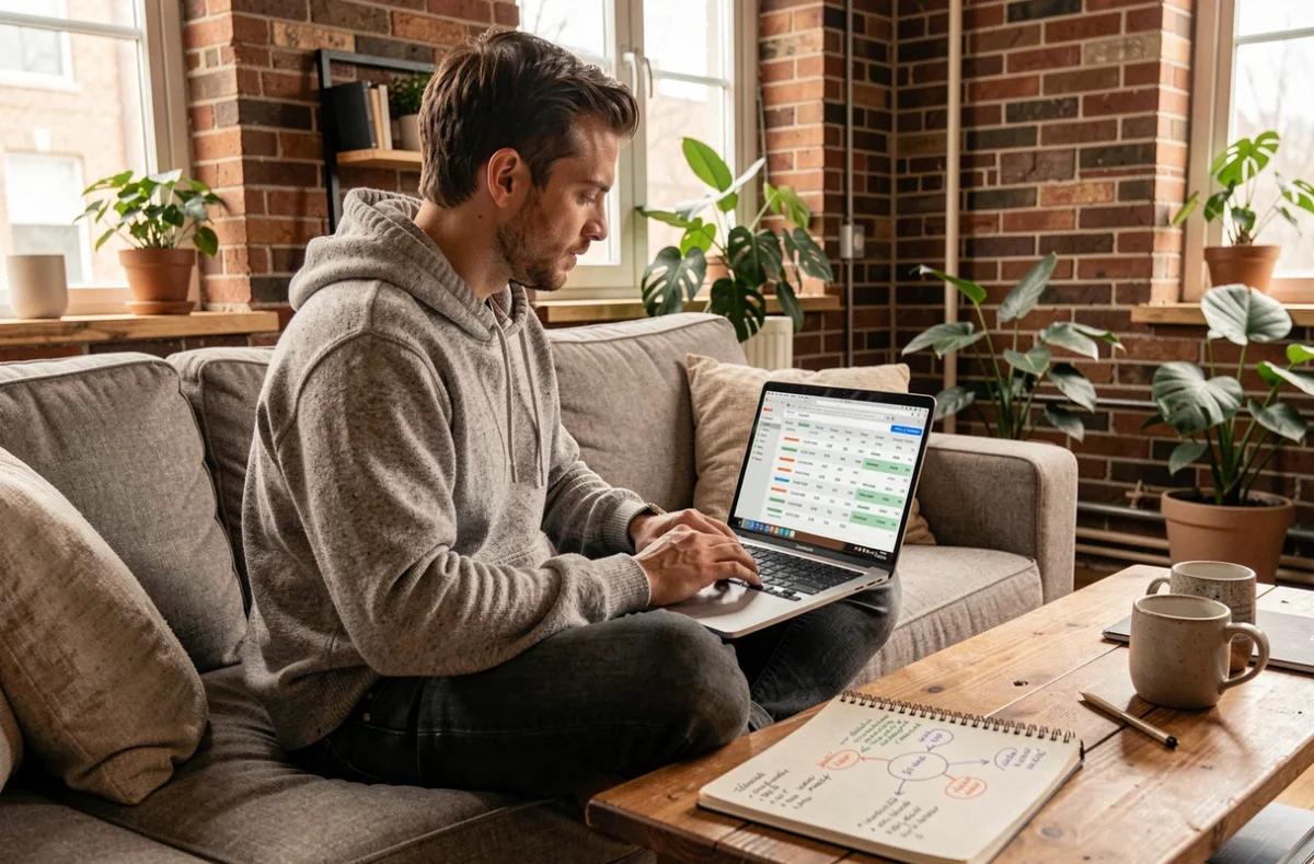 Un jeune homme travaillant sur une stratégie SEO avec un tableau de recherche de mots-clés sur son ordinateur portable depuis son bureau à domicile
