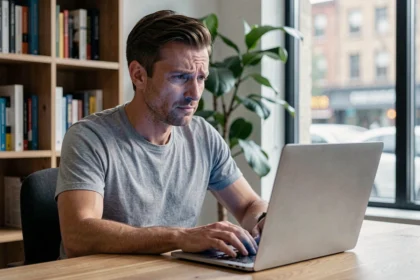 Homme inquiet devant son ordinateur portable illustrant la surveillance numérique de Google