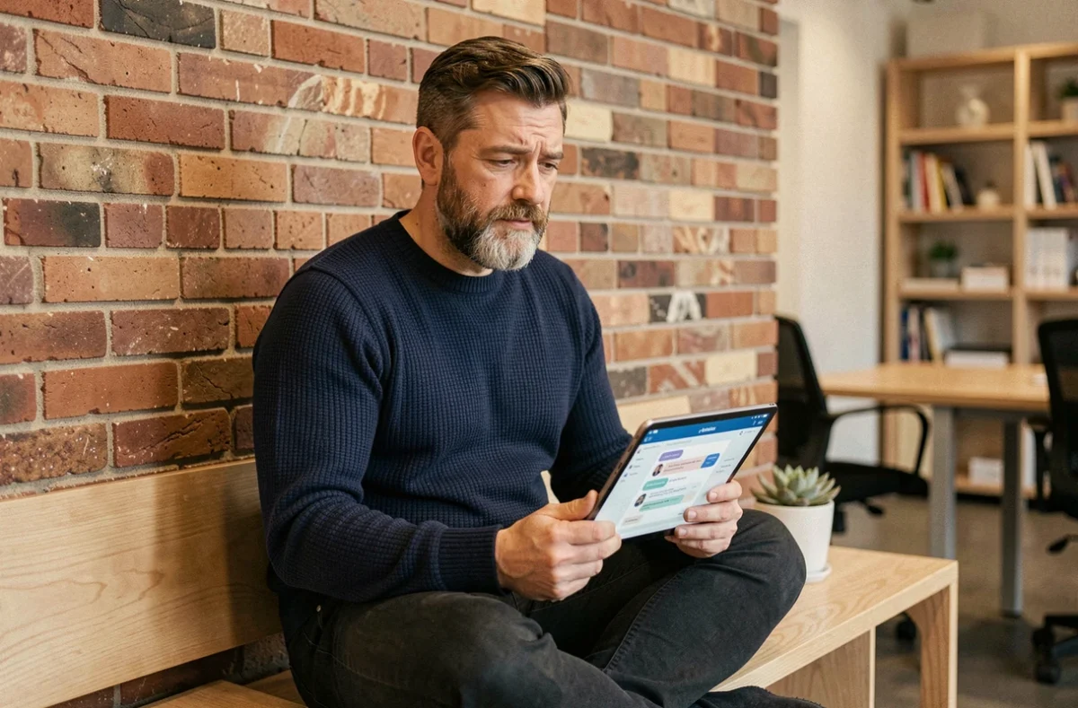 Homme barbu consultant une interface d'IA générative sur une tablette dans un espace de coworking