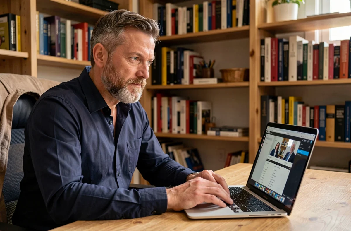 Homme en télétravail utilisant Wire pour une visioconférence privée depuis son bureau à domicile