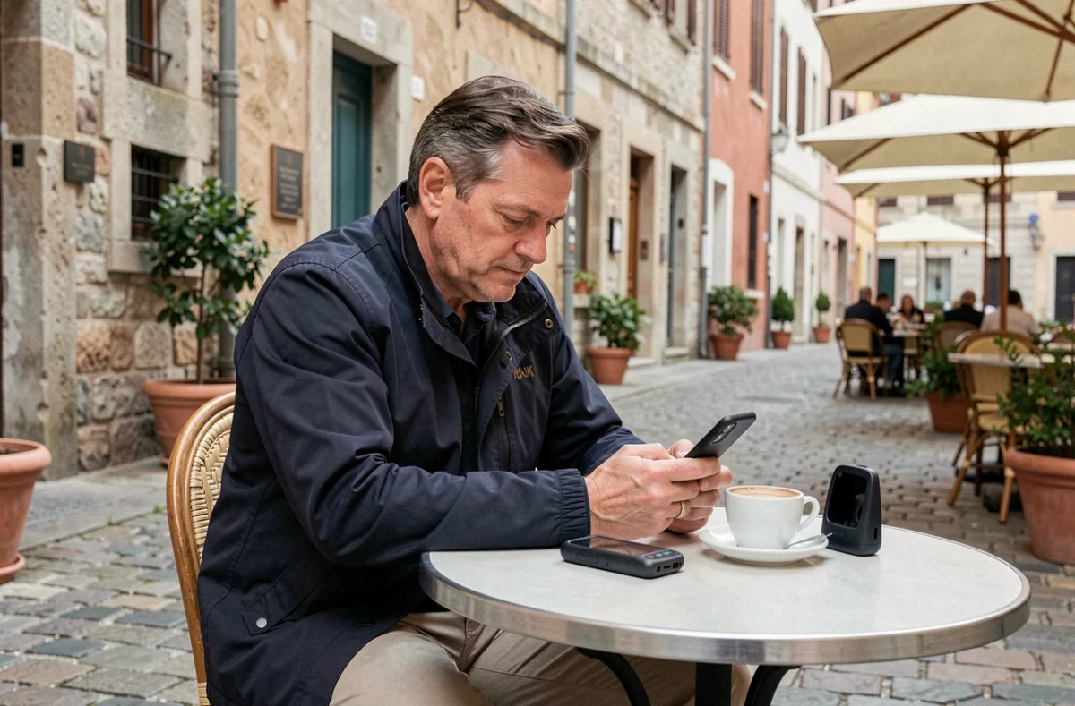 Homme connecté à un hotspot mobile dans un café en plein air lors d'un voyage en Europe