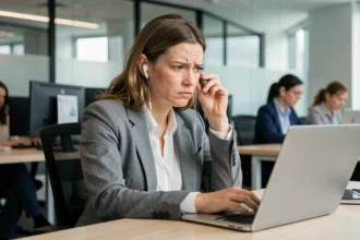 Femme frustrée au bureau tenant des écouteurs Bluetooth déconnectés devant son ordinateur portable
