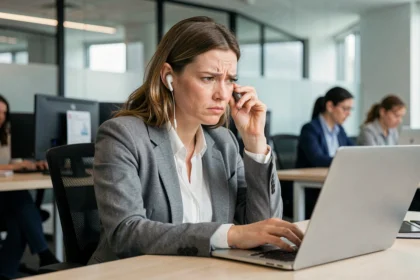 Femme frustrée au bureau tenant des écouteurs Bluetooth déconnectés devant son ordinateur portable