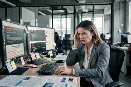 Femme professionnelle inquiète face aux inconvénients de l'intelligence artificielle au bureau